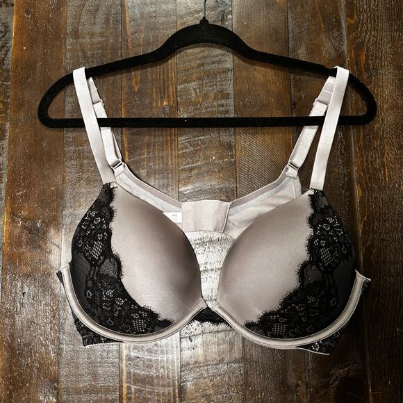 Ambrielle Plunge Push Up Womens Bra Size 40C Gray with Black Lace - Picture 1 of 4
